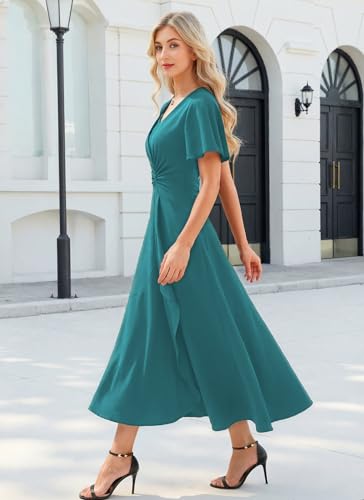 Image of QMZ Wedding Guest Dresses for Women V Neck Cocktail Dress Ruffle Sleeve A Line Evening Party Formal Dresses for Women