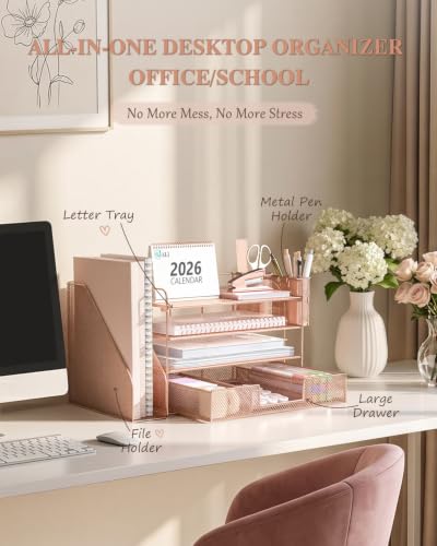 Image of WALI Desk File Organizer, 4 Tier Desktop Paper Letter Tray Organizer with Drawer and 2 Pen Holders, Office Desk Accessories & Workspace Organizers for Office, Home, School Supplies, 1 Pack, Rose Gold