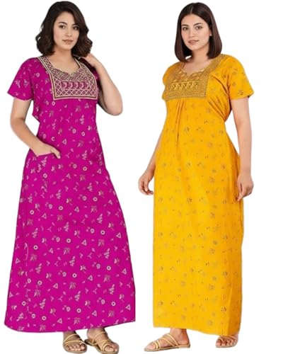 Image of Women's Cotton Jaipuri Nighty Gown - Pack of 2 Rajasthani Print Maxi Night Dress with Pocket - Soft & Comfortable Ladies Sleepwear & Loungewear