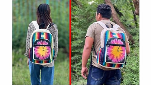 Tie Die rainbow color Hemp fabric back pack. Strongest multi pocket day pack for Laptop, Book bag, College, Travelling and Daily use. Hand made unisex design.3