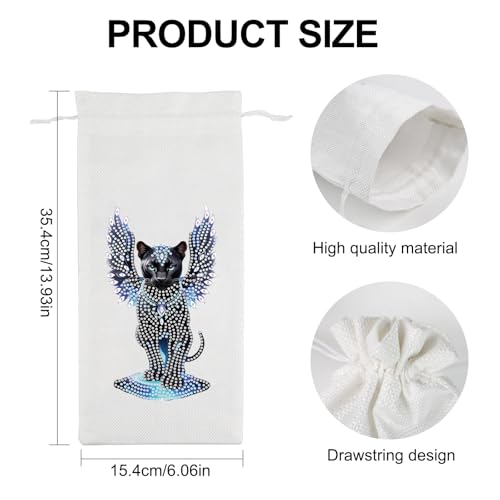 Image of 5D Diamond Painting Wine Bag, DIY Diamond Art Gift Pouch, Handmade Linen Wine Bottle Holder, Black Panther with Wings Design Decorative Champagne Wrapping for Holiday Party and Festive Gifts