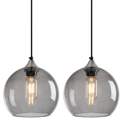 Image of Light Grey Glass Pendant Lights Kitchen Island Lighting Globe Pendant Light Fixtures Modern Pendant Lighting for Bedroom Living Dining Room Light Fixture (7.87 in, 2 Pack)