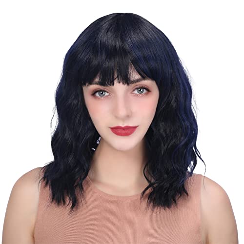 Wigs for Women - Black Mix Blue Wig with Bangs for White Women, Short Wavy Bob Wig, Colorful Medium Length Wig, Pastel Colored Cosplay Wig Synthetic Costume Wigs (Black Mix Blue, 12inch)