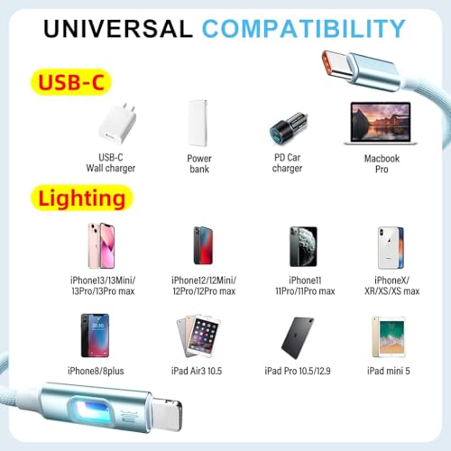 Image of Verilux PD 30W Type C to Lighting Cable with Breathing Light, 5.9Ft /1.8M Lighting Cable Nylon Braid with 480Mbps Data Sync for iPhone 14 /13 /12 /11 Pro Max X XS XR 8 /7 /6s Plus SE, Blue