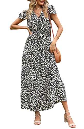 Image of PRETTYGARDEN Womens Dresses 2026 Summer Maxi Dress Boho Short Sleeve V Neck Swiss Dot Ruffle Tiered Smocked Flowy Long Dress