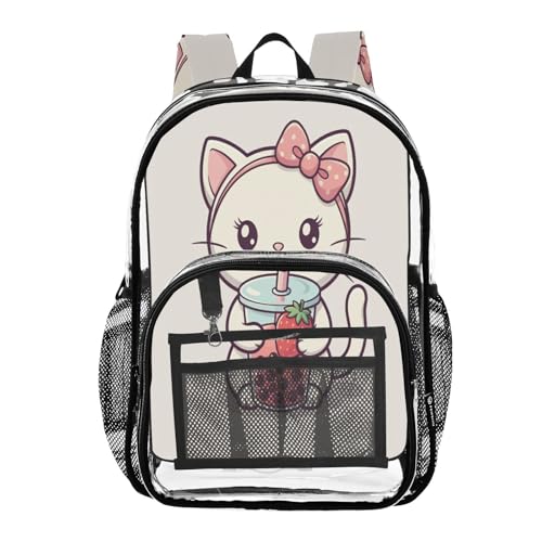 Bow Cat Drinking Milk Tea Clear Backpack with Back Print, Heavy Duty See Through Backpacks PVC Transparent Daypack for Travel Security