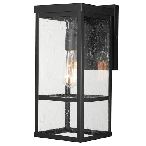 Globe Electric 44802 1-Light Outdoor Wall Sconce, Matte Black, Seeded Glass Shade, Weather Resistant Exterior Wall Light, Front or Back Porch Lights, Patio Lighting, Indoor Compatible
