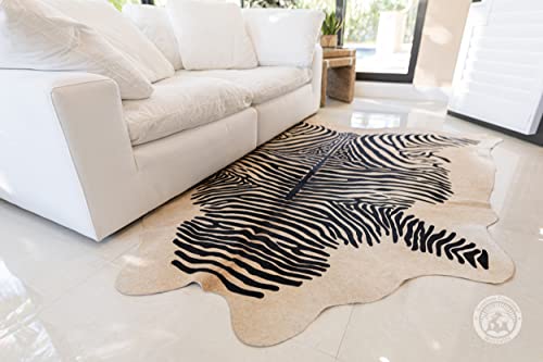 Zebra Print Black On Beige Genuine Cowhide Rug 6 X 7 Ft. 180 X 210 Cm #TOP3
