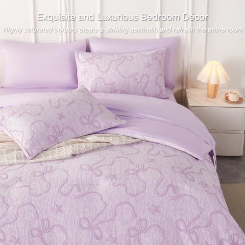 Image of PERFEMET Twin Comforter Set for Girls Purple, 5 Pieces Elegant Embossed Bow Bedding Twin Bed in a Bag Set, Soft Cute Bowknot Jacquard Comforter with Sheet Sets for All Seasons