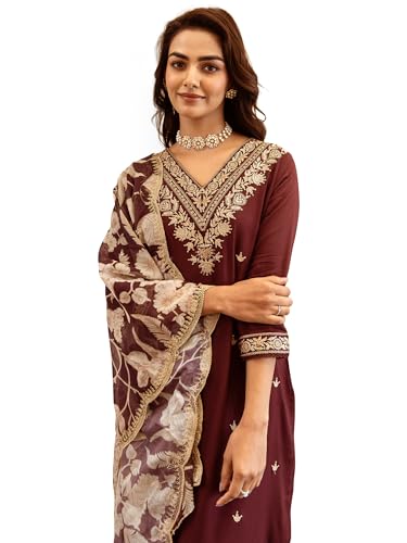Image of INDO ERA Women's Embroidered Viscose Rayon Kurta & Pant With Dupatta Set