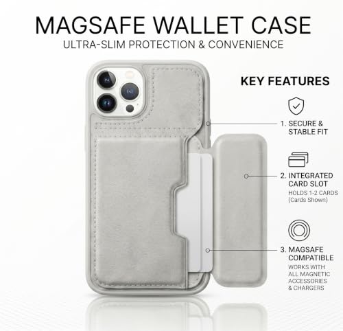 Image of amazon basics Luxury Vegan Leather Back Cover for iPhone 14 Pro Max | Built-in Card Holder Slot | Integrated Mobile Stand | Slim Shockproof Protective Case with Stitched Finish - Gray