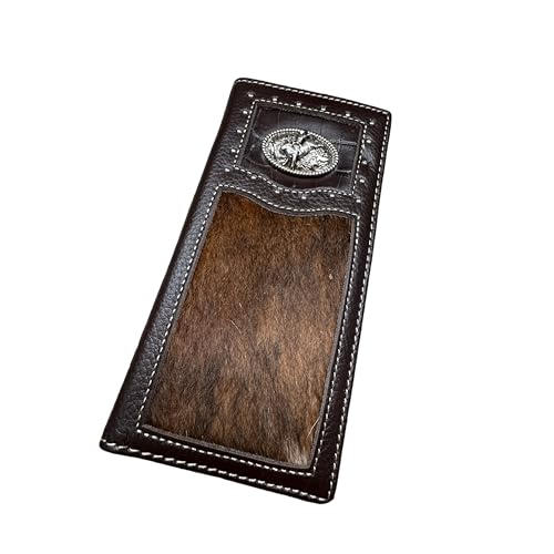 Men’s Long Leather Wallet – Hand Tooled Brown Rodeo Bifold with Hair-On Cowhide and Bull Rider Concho – Western Checkbook Wallet for Cowboys & Rodeo Fans