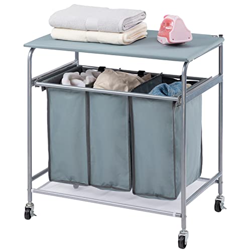 Alimorden Laundry Sorter With Ironing Board Rolling Laundry Basket With Side Pull 3-Bag Heavy-Duty Laundry Room Organizer Clothes Hamper With 4 Wheels And Lid Blue Grey #TOP10