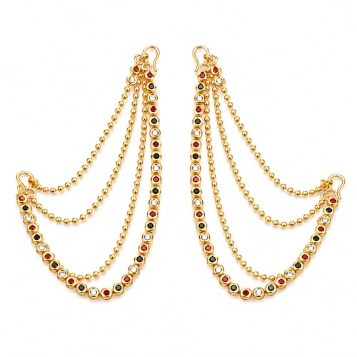 Image of Traditional 3-Layer Ear Chains (Mattal) with Sparkling Round Multi Colors Stones | Champaswaralu Kaan Chain for Heavy Jhumka Support | Artificial Indian Bridal Hair Accessories