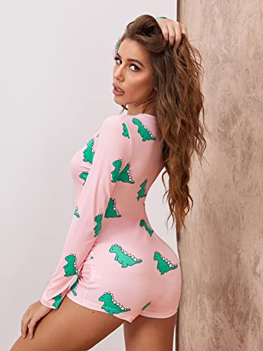 Wdirara Women's Deep V Neck Long Sleeve Cartoon One Piece Pajamas Rompers Onesies Pink S #TOP1