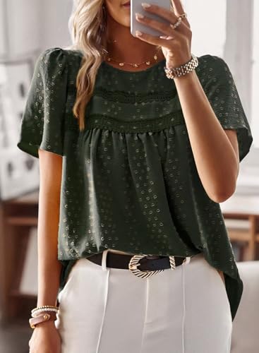 Image of Falechay Womens Summer Tops Crewneck Short Sleeve Shirts Casual Chiffon Blouses Flowy Lace Hem Boho Clothing Trendy 2026