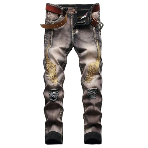 Jeans Pants Trouser Denim Men Street Trendy Grinding Fading Washed Personalized Wings Embroidered Piercing