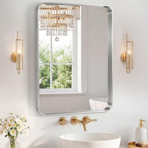 Image of Sweetcrispy Bathroom Mirror 30x24 Inch Metal Framed Rounded Rectangle Vanity Mirror for Wall, Over Sink, Farmhouse, Restroom, Anti-Rust, Modern Decorative, Horizontal or Vertical Hanging, Silver