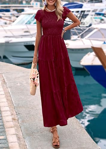 PRETTYGARDEN Midi Dresses for Women 2026 Summer Floral Cap Sleeve Smocked A Line Long Elegant Spring Wedding Guest Dress (Wine Red,XX-Large) — view 4