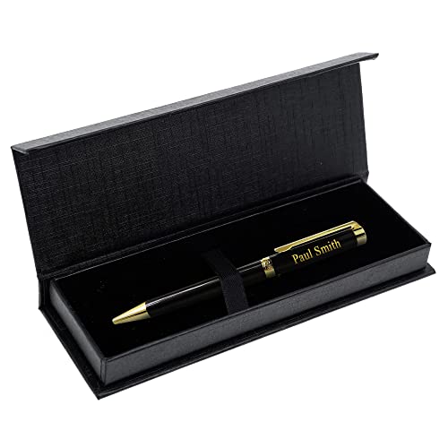 Paul Clover Personalised Engraved Black Lacquer Ballpoint Pen, Best Gift Set for Men & Women, Professional, Birthday Gift-Stunning Gold Engraving -Gift Box and Velvet Pouch options