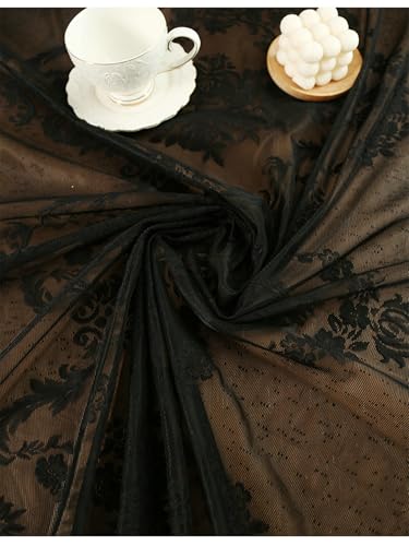 Nappe rectangulaire noire motif dentelle et fleurs table basse