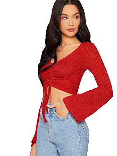 Image of SweatyRocks Women's Adjustable Drawstring String Long Bell Sleeve Rib Knit Sexy Crop Top