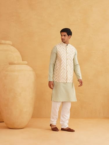 Sojanya (Since 1958 Men'S Silk Blend Self Design Pista Green Kurta With Pyjama & Cream Nehru Jacket2