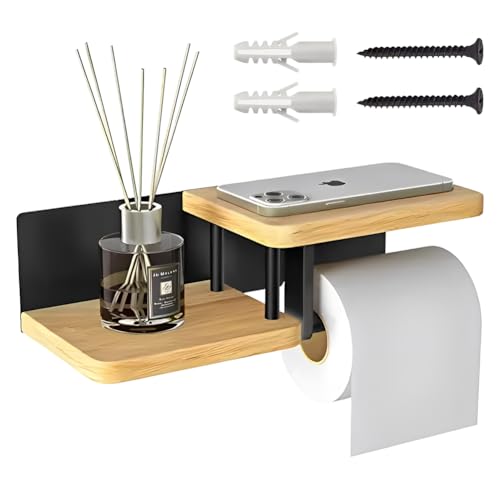 Porte-papier toilette avec étagère, porte-rouleau de papier toilette sans perçage, porte-papier toilette en bambou et acier, support pour rouleau de papier toilette pour salle de bain et cuisine
