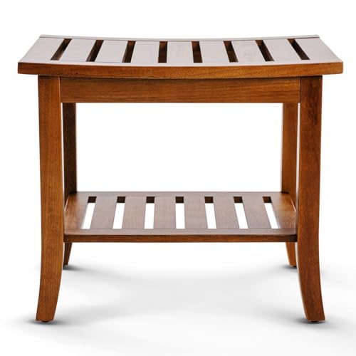 Teak Shower Bench with Storage Shelf, Shower Stool for Inside Shower, Waterproof Shower Bench Seat, Shower Chair for Inside Shower, Wood Bench, Wooden Stool for Adults Sitting (Large Size)