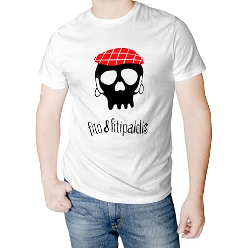 Camiseta Negra con Logotipo de Fito y Fitipaldis Hombre 100% Algodón (S, Blanco)