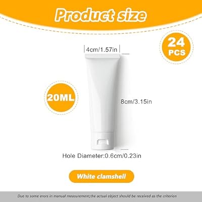 24PCS White Empty Refillable Plastic Soft Tubes Squeezable Bottle Packing Cosmetic Sample Container Jars Storage Holder For Facial Cleaner Shampoo Shower Gel Body Lotion Hand Cream 20ml/0.67oz