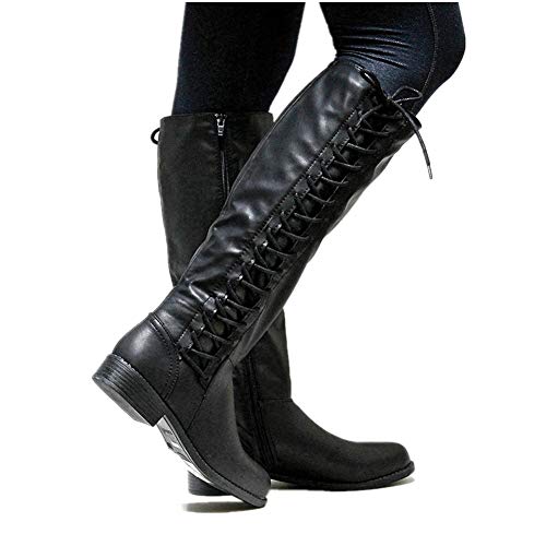 QZX Shoes Femmes Knight Boots Talon Bas Hauteur du Genou Mollet armée Lacer Bottes Militaires Pointure,Black,EU36/UK4 Cover