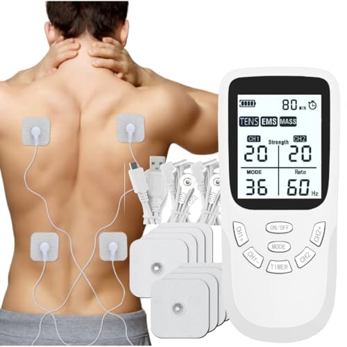 Interior 2 Canales Electrostimulador Máquina Tens+8 electrodos – Electroestimulador para Alivio del dolor,Con programas Clínicamente Comprobados para aliviar el dolor de espalda,Artritis y Lumbalgia