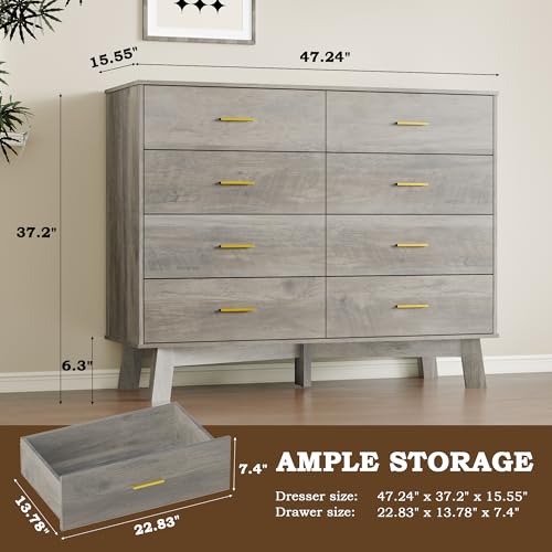 Image of BORNOON Dresser for Bedroom with 8-Drawer, 37 inch Tall Modern Chest of Drawers with Metal Handles, X-Shape Base & Adjustable Center Leg, Anti-Tip Closet Organizers and Storage