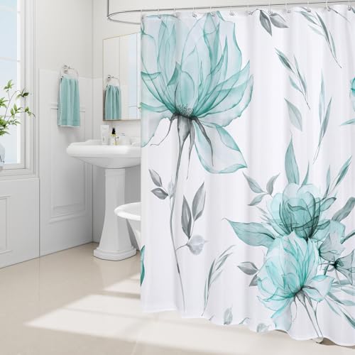 Litabel Teal Blue and Grey Boho Watercolor Floral Shower Curtain, Ink Painting Style Blossom & Leaf Shower Curtains for Chic Elegant Bathroom, Artistic Fabric Cloth Flower Shower Curtain, 72x72 by Litabel - Used condition - Image 2