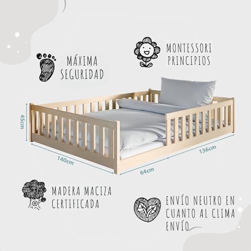Miniatura 2 de Kids Collective Cama Infantil De Suelo De 140 X 200 Cm Con Protección Anticaídas Y Somier Montessori, Cuna Infantil, Cama Juvenil, Cama Individual Natural