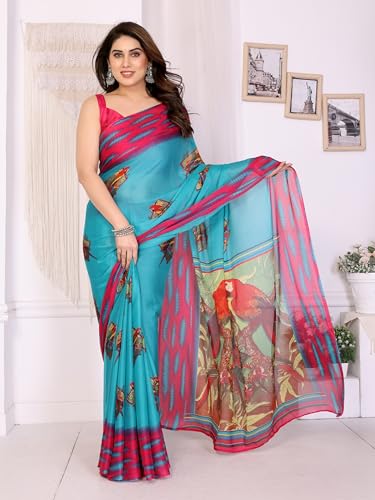 Image of SUPERLAXMI Women's Chiffon Floral Printed Saree with Blouse Piece
