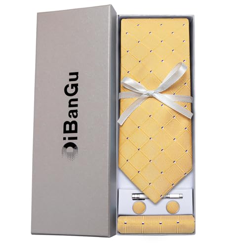 Image of DiBanGu Mens Silk Necktie Solid Color Tie and Pocket Square Cufflink Tie Clip Set Woven Plain Ties for Men Wedding Party