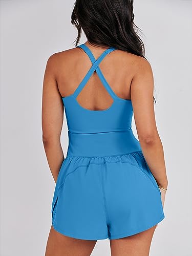 Image of ANRABESS Women Rompers Running Exercise Workout Set One Piece Jumpsuits Gym Yoga Outfits 2025 Summer Active Wear Clothes Blue Small