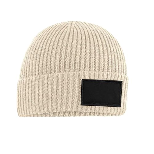 Image of Beechfield - Ribbed Knit - Fashion Patch Beanie - Oatmeal/Black