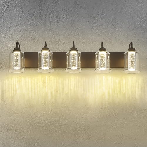 Image of zeyu 25W LED Bathroom Lights, 5-Light Vanity Lighting Fixtures for Bathroom with 5 Color Modes, Oil Rubbed Bronze Finish with Crystal Bubble and Clear Glass, ZSL72B-5W LED ORB-1