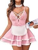 Avidlove Womens Maid Lingerie Sets Sexy Maid Outfit Maid Babydoll Dress Costume Lingerie Sets(Red,Small)