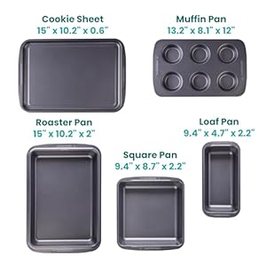Bakers secret bakeware sets stackable baking set of 5 bakeware pans bakeware set baking pan set muffin pan roaster pan square pan cookie sheet loaf pan dishwasher safe pfoa pfos ptfe free  urban country home decor