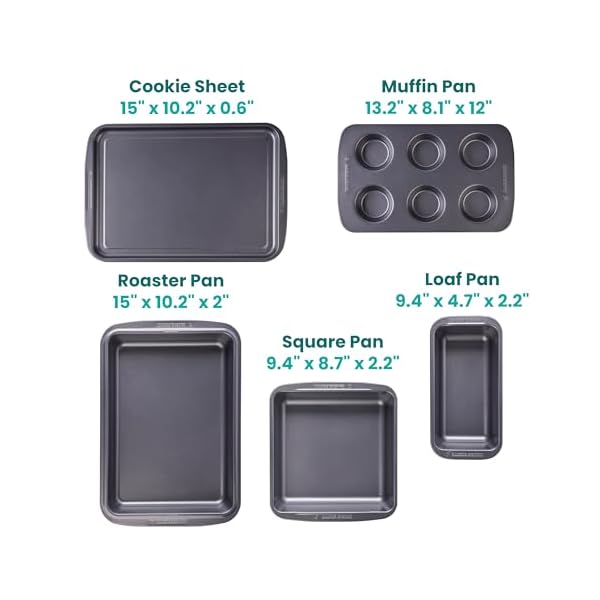 Bakers secret bakeware sets stackable baking set of 5 bakeware pans bakeware set baking pan set muffin pan roaster pan square pan cookie sheet loaf pan dishwasher safe pfoa pfos ptfe free  urban country home decor