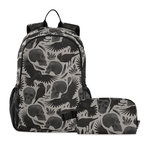 Emelivor Gothic Halloween Bird Skull Kids Backpack for Girls Boys School Bookbag with Insulated Lunch Box for Preschool Primary School School Backpack