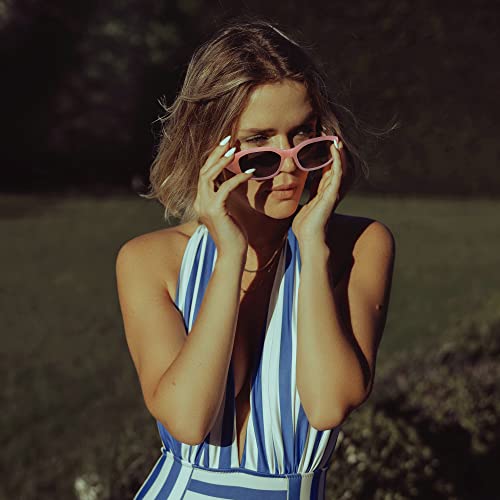 Image of FEISEDY Retro Trendy Rectangle Sunglasses Women Men Narrow Shades B2322 | |Vintage Shades |UV400 Protection |Blocks Glare |Women & Men |Comes With A Storage Case