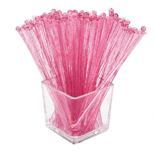 Wuyituart 100 Pcs Deep Pink Glitter Round Top Flat Swizzle Sticks 7 Inch
