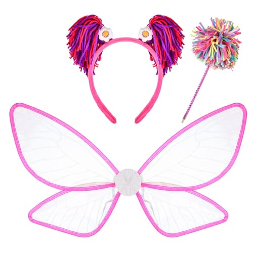 Party Dress Up Accessory Set with Pink Butterfly Wings Pom Pom Headband Wand 3-Piece Costume Kit (Pink and Purple)