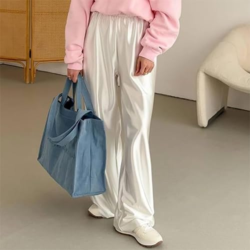 WANLUOSUXWomen's Metal Shiny Pants Silk High Waisted Elastic Waistband Casual Drape Trousers4
