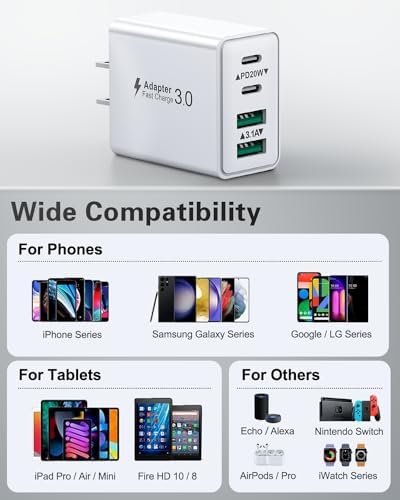 2-Pack USB C Wall Charger, 40W Fast USB C Charger Block, 4-Port Dual PD Power Adapter+ QC Multiport USB Wall Plug Double Type C Charging Block for iPhone 16 15 14 13 12 11 Pro Plus Max XR, Samsung — view 6